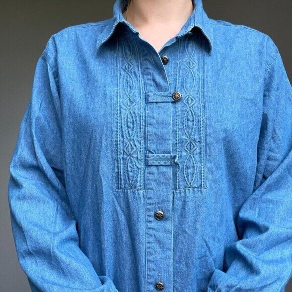 Vintage German Women's Long Sleeve Denim Button Down Oversized Shirt Blue Sz M - Picture 8 of 9